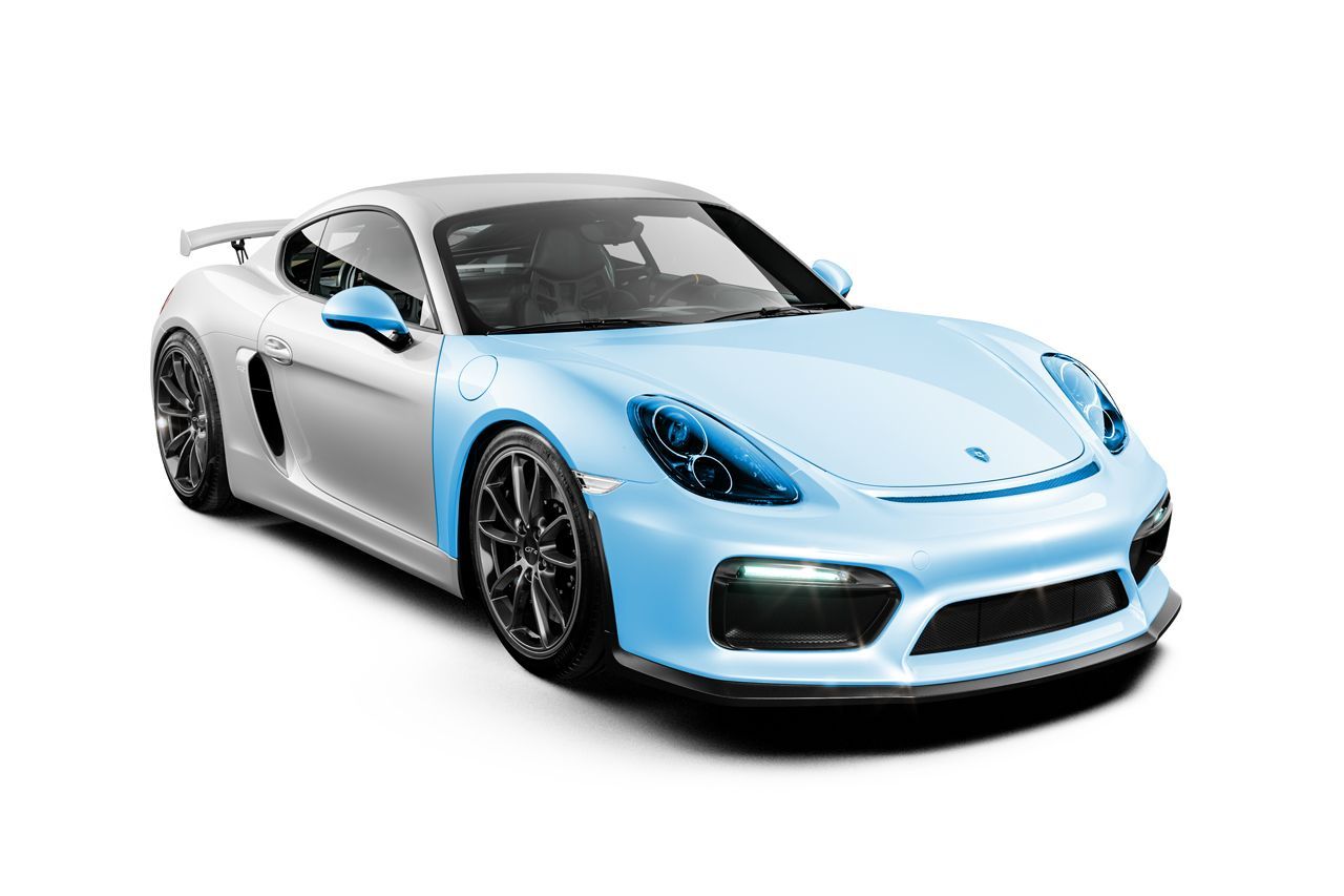 A white and blue porsche 911 gt4 rs is shown on a white background.