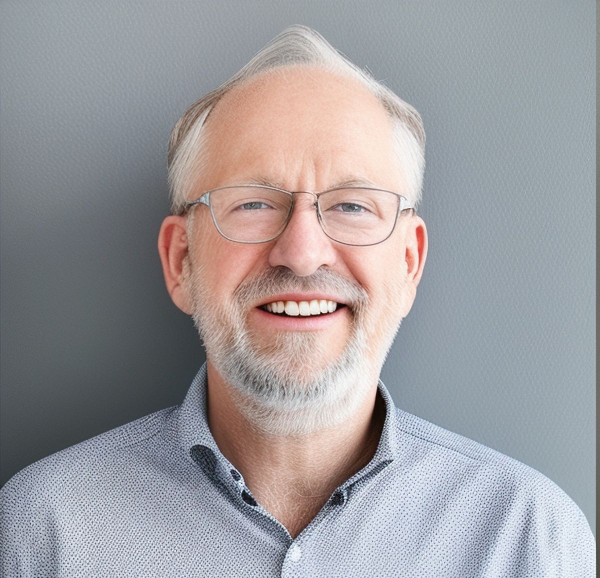 Smiling older man with glasses, short gray hair, and beard, wearing a light blue patterned shirt, against a gray wall.