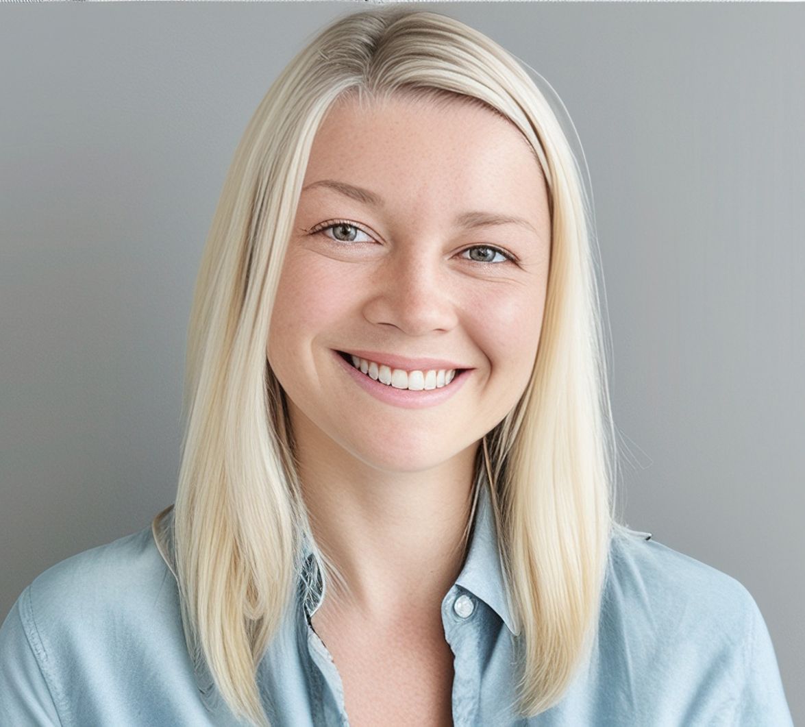 Blond woman smiling, wearing blue shirt, in front of a gray background.