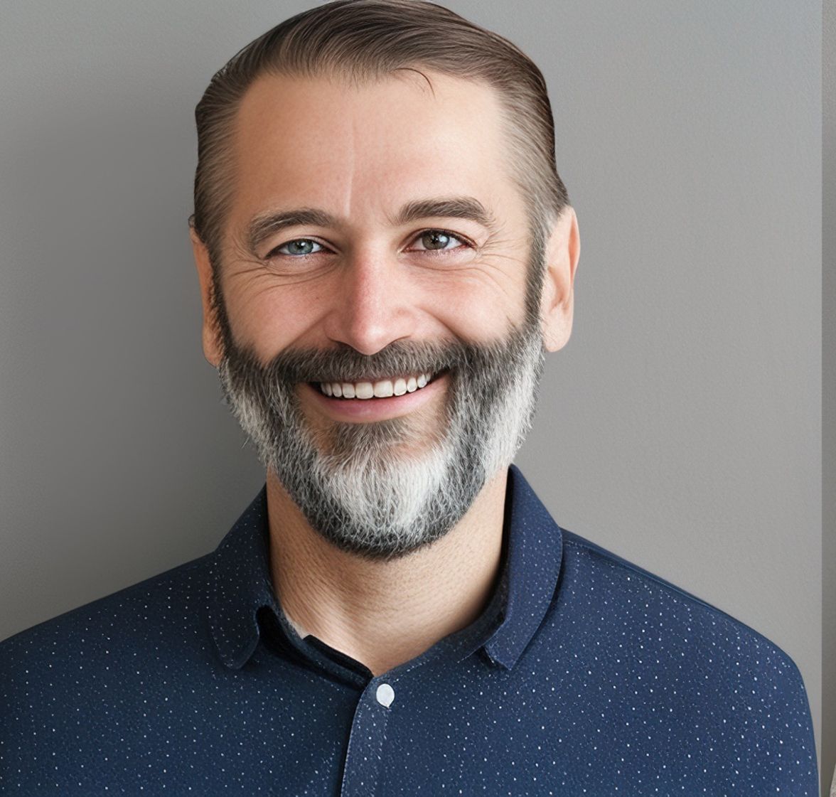 Smiling man with graying beard and hair, wearing a blue collared shirt against a gray background.