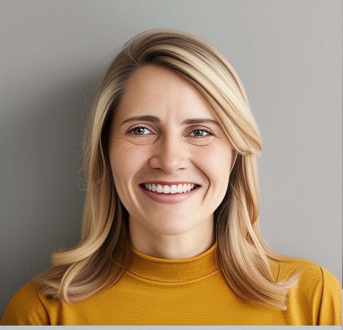 Smiling blonde woman wearing a yellow top, facing forward, against a grey background.