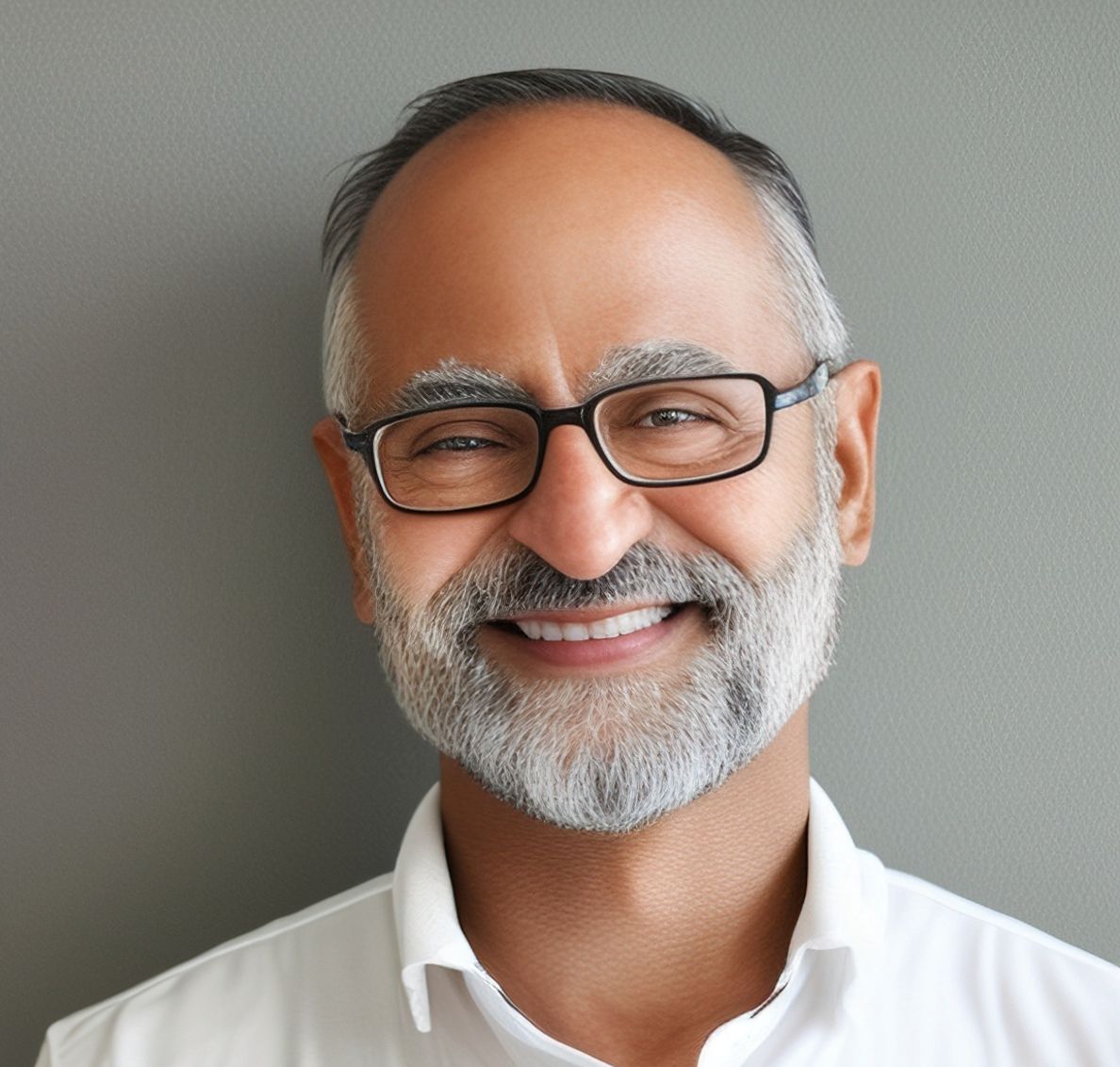 Man with glasses, gray beard, and white shirt smiles at the camera against a gray background.