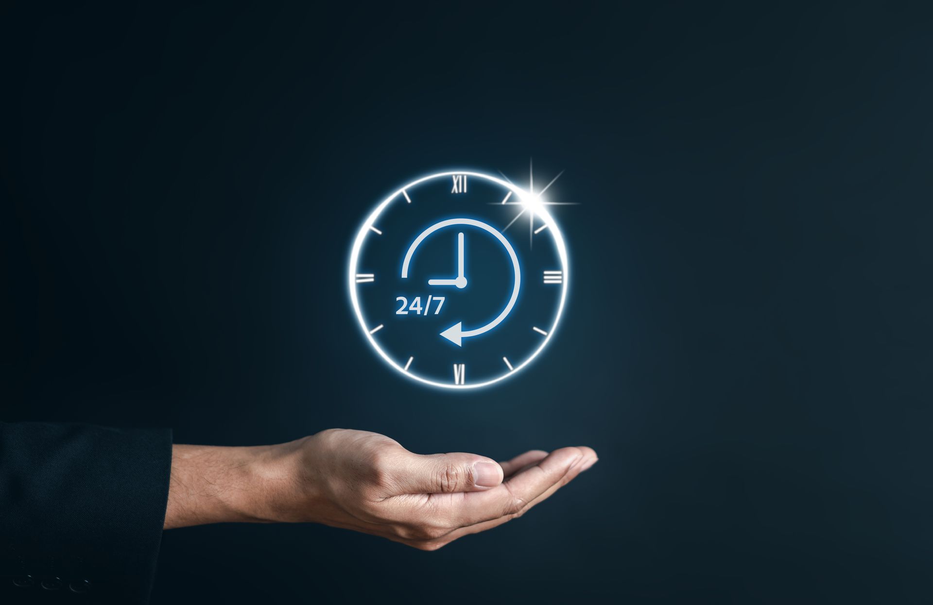 Hand holding a glowing clock with a 24/7 symbol, representing round-the-clock availability.