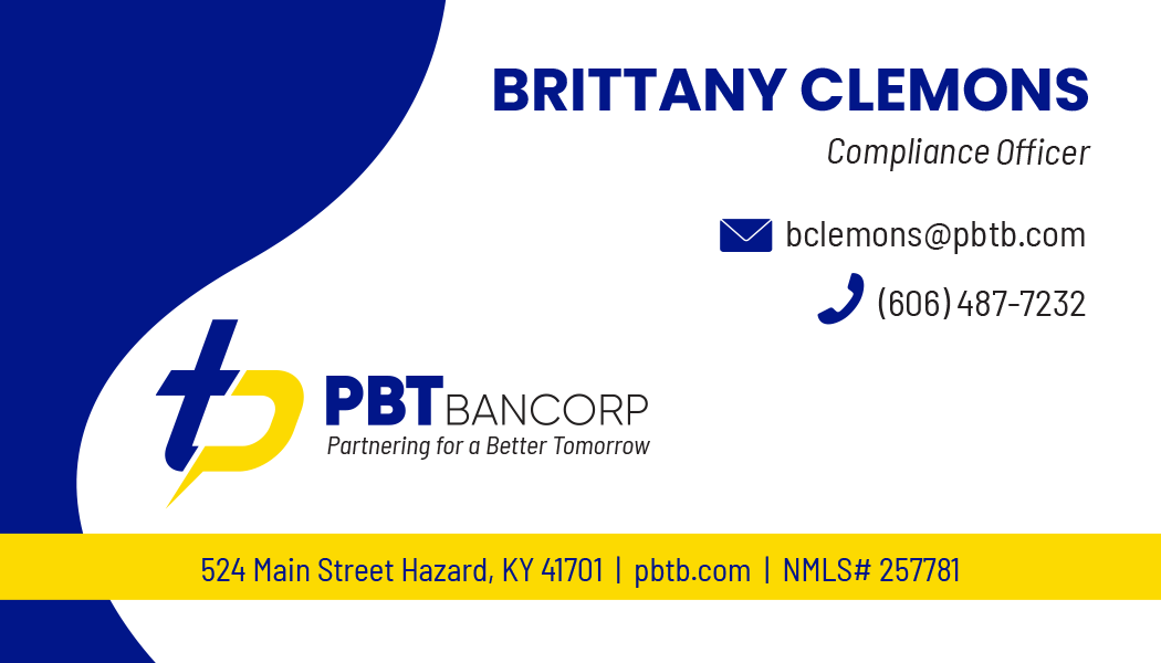 Business card for Brittany Clemons, with blue and yellow design and PBTBANCORP logo. Includes contact information.
