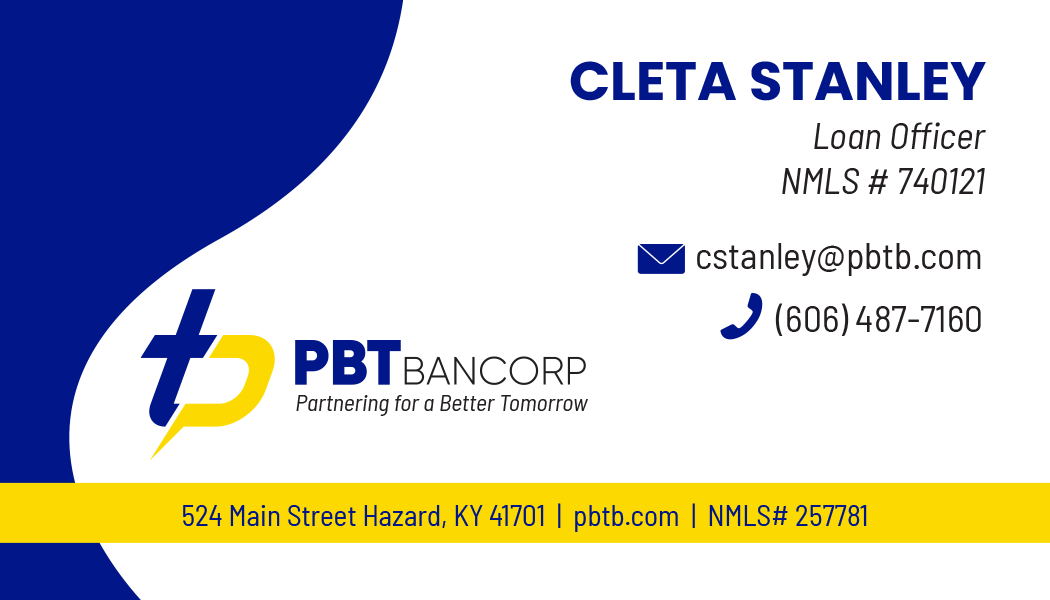 Business card for Cleta Stanley, Loan Officer at PBTBANCORP. Features logo, contact info, and blue/yellow design.