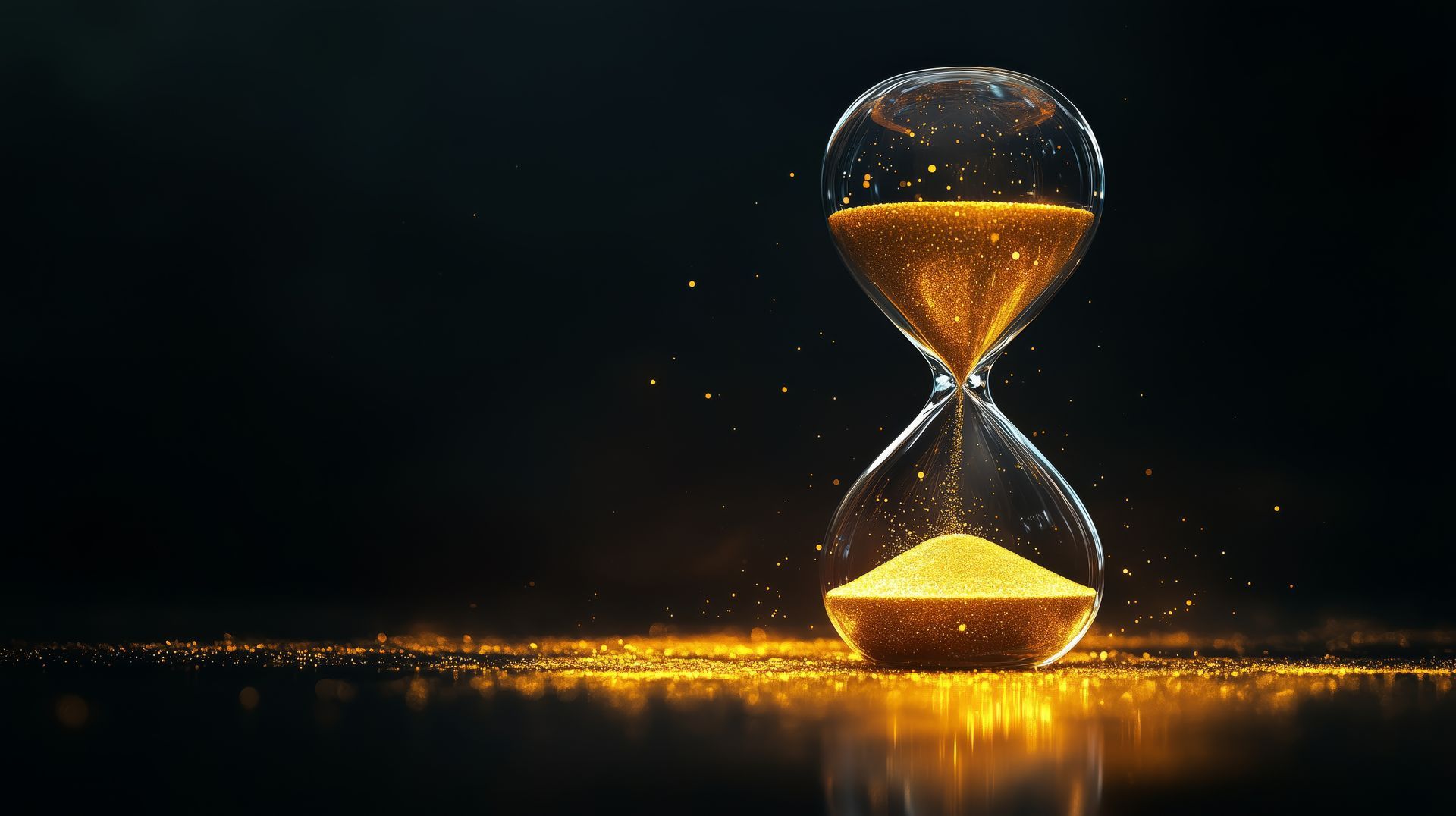 Golden hourglass with glowing sand particles, set against a dark background, reflecting light.