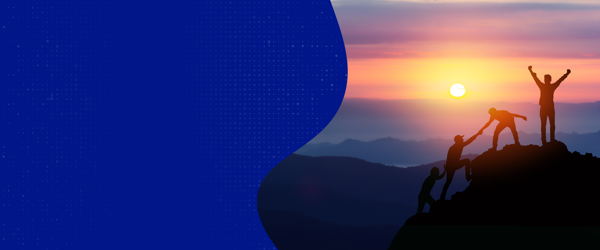 People climbing a mountain, one helping others to reach the peak with a sunset in the background.