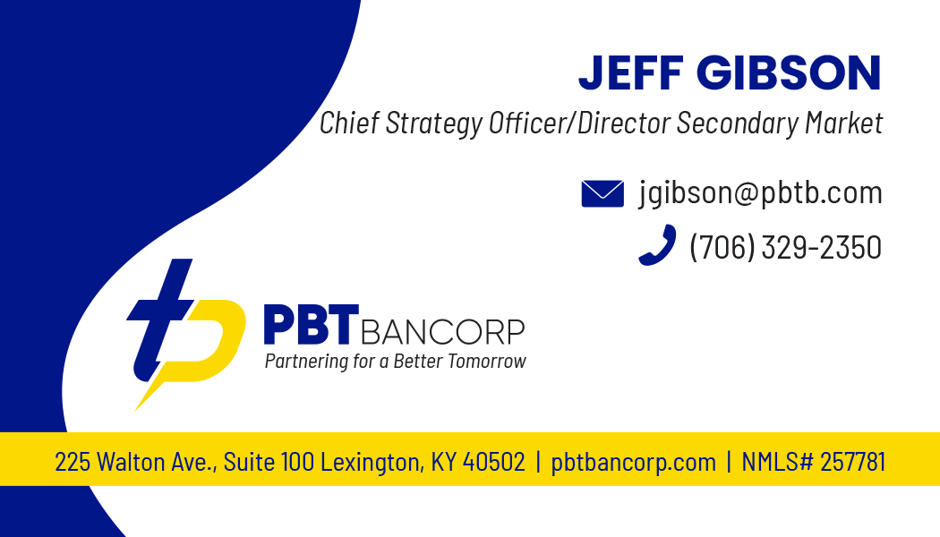 Business card for Jeff Gibson, Chief Strategy Officer at PBT Bancorp, with contact info.