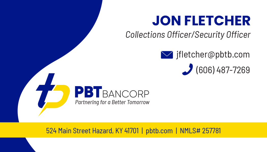 Business card for Jon Fletcher, Collections/Security Officer, PBT Bancorp. 