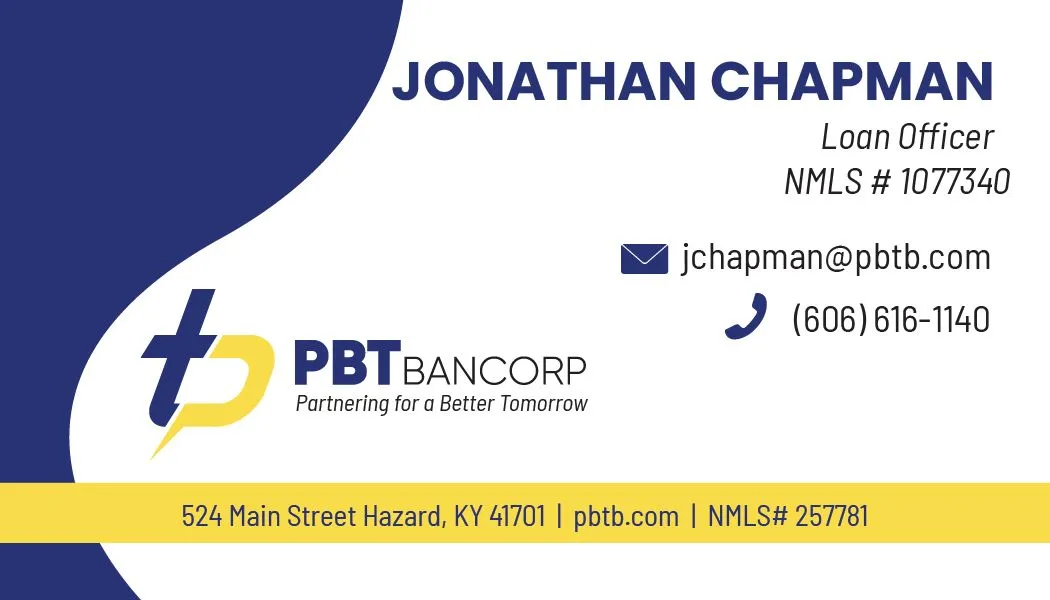 Business card for Jonathan Chapman, Loan Officer at PBTBancorp with contact info in blue and yellow.