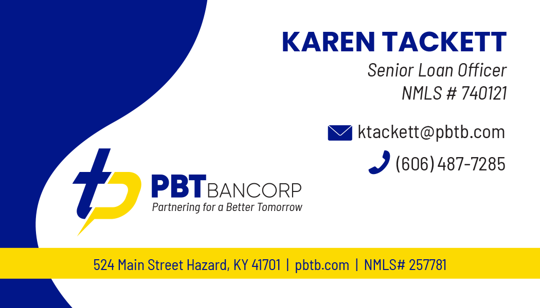 Business card for Karen Tackett, Senior Loan Officer at PBTBancorp. Blue and yellow design, with contact info.