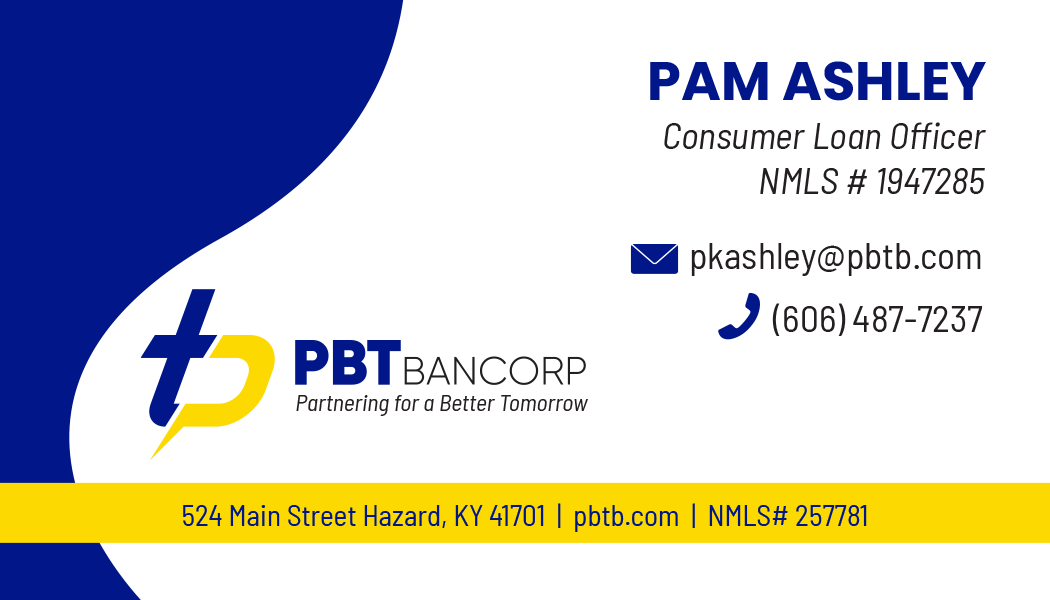 Business card for Pam Ashley, Consumer Loan Officer at PBTBancorp. Blue, yellow design. Contact info: email, phone, address.