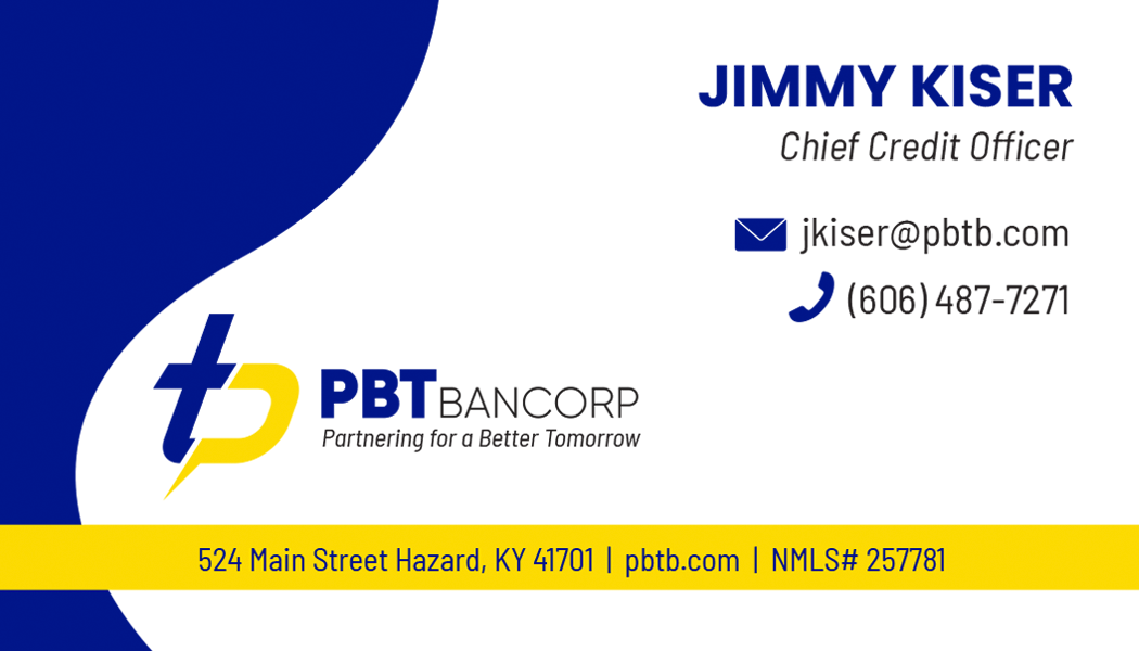 Business card for Jimmy Kiser, Chief Credit Officer at PBT Bancorp, with contact info and address.