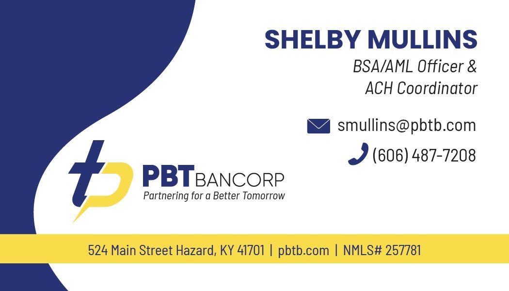 Business card for Amanda Hill, LPD Manager at PBTBANCORP, Richmond, KY. Blue and yellow design with contact info.