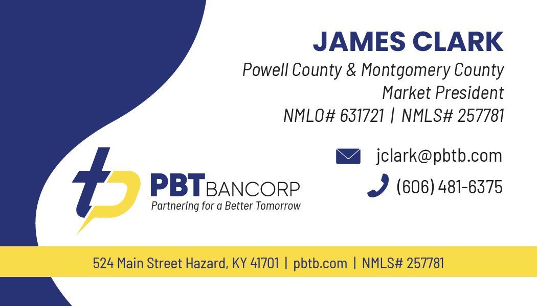 Business card for James Clark, Market President at PBTBancorp. Features a blue and yellow color scheme.