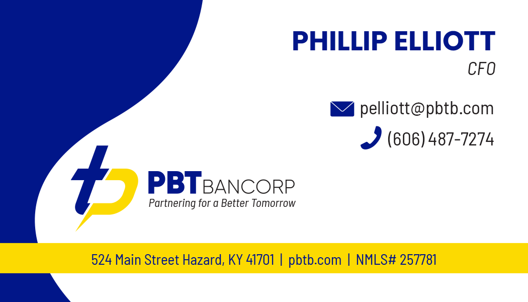 Business card for Phillip Elliott, CFO of PBTBancorp. Features blue and yellow logo, contact details.