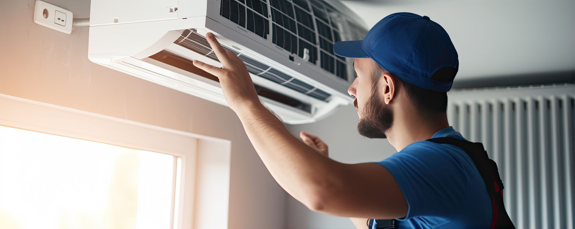 Technician in a blue cap inspecting the open indoor cooling unit of a wall-mounted air conditioner.