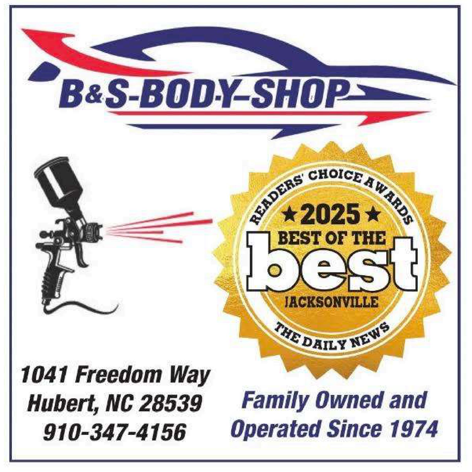 B&S Body Shop ad: features a paint sprayer, 2025