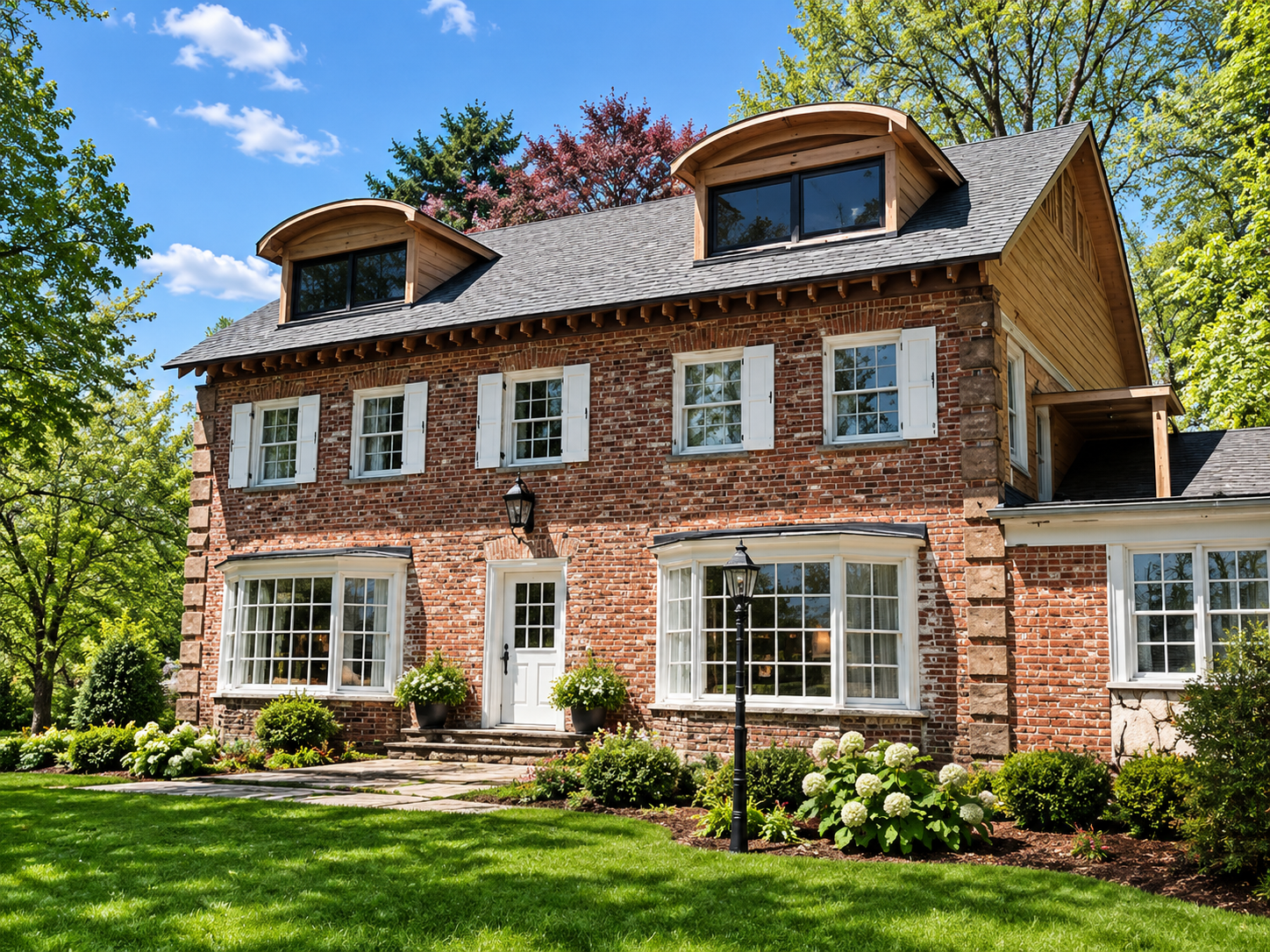 Single-story beige house with patio, large windows, and green lawn on a sunny day