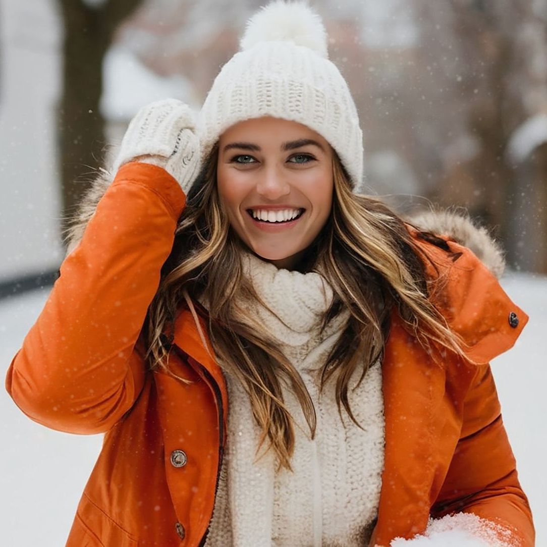 A woman wearing an orange jacket and a white hat is smiling in the snow.