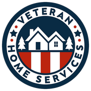 Circular logo: "Veteran Home Services." Blue ring, white houses, red/white stripes, and stars.