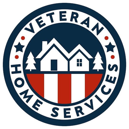 Circular logo: "Veteran Home Services." Blue ring, white houses, red/white stripes, and stars.