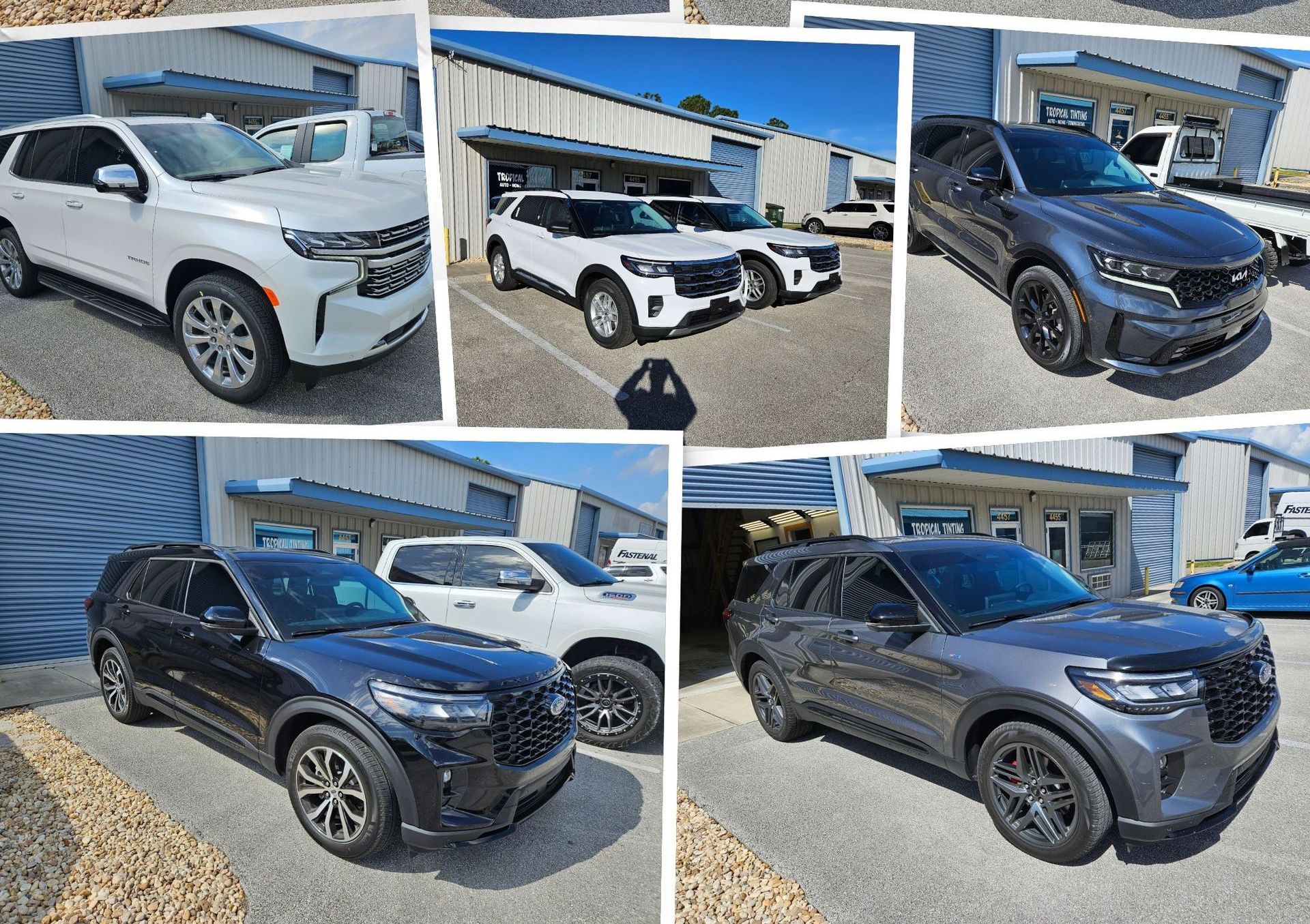 A collage of photos of cars parked in front of a building.