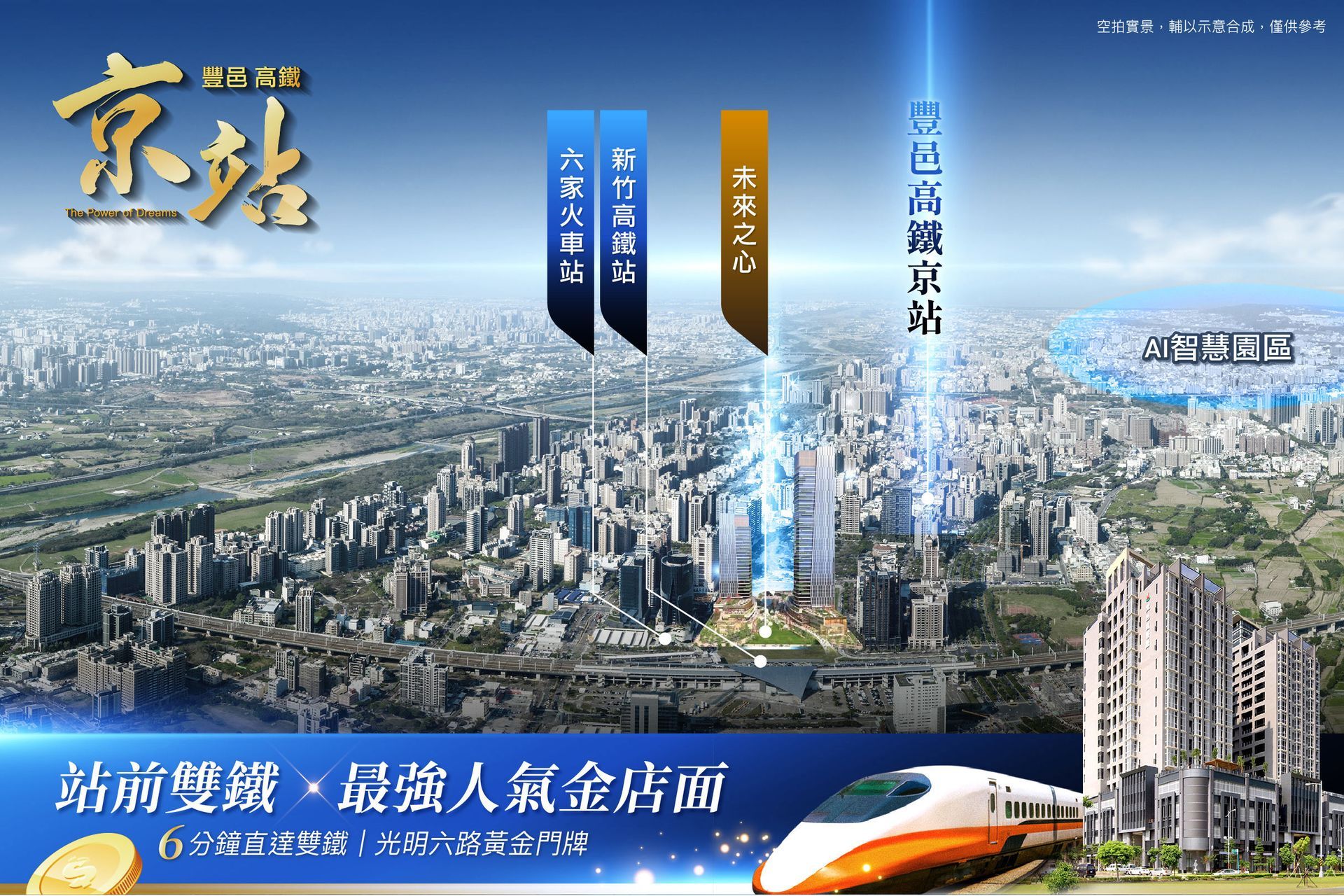 新竹高鐵京站站前城市景觀示意，結合高鐵交通樞紐與站前商圈，呈現京站建案商辦與金店面不動產投資價值。