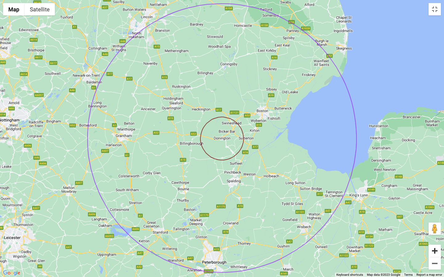Map showing a 30 mile radius of Donington, Lincolnshire