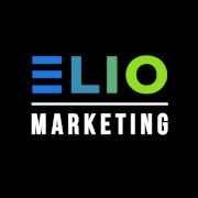 The logo for elio marketing is blue and green on a black background.
