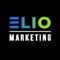 The logo for elio marketing is blue and green on a black background.