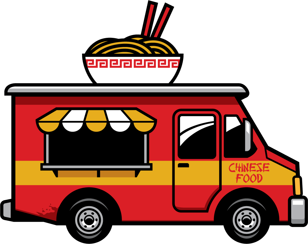 A red and yellow food truck with a bowl of noodles on top of it.