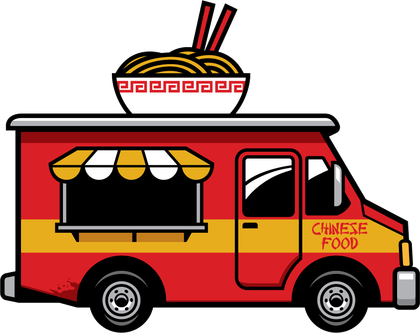 A red and yellow food truck with a bowl of noodles on top of it.