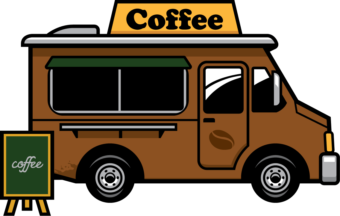 A cartoon illustration of a coffee truck with a sign on the side.