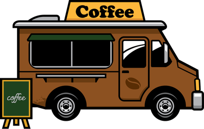 A cartoon illustration of a coffee truck with a sign on the side.