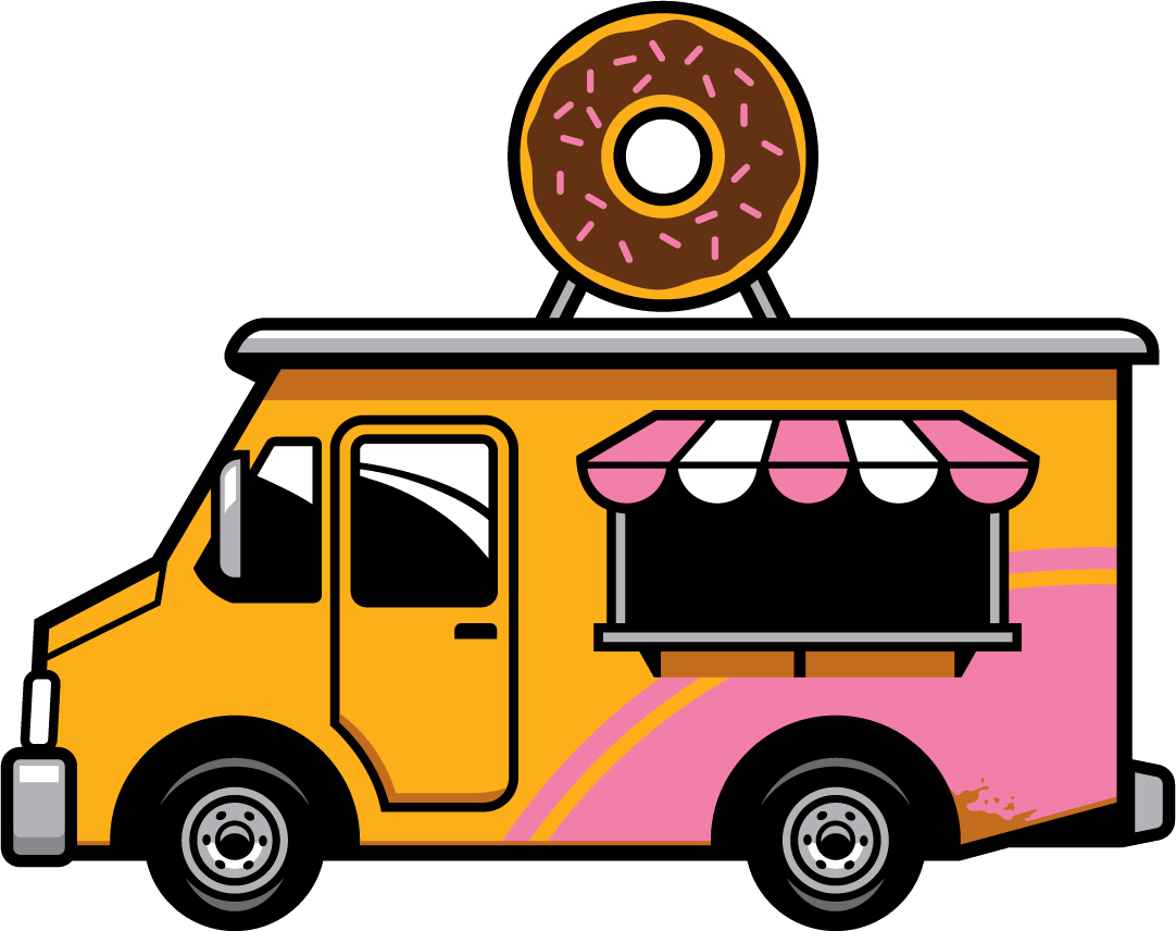 A yellow and pink food truck with a donut on top of it.