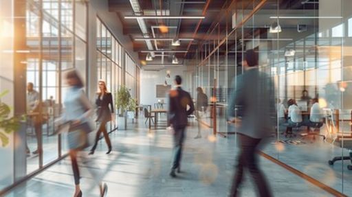 People walking through a bright modern office corridor with glass walls and blurred motion