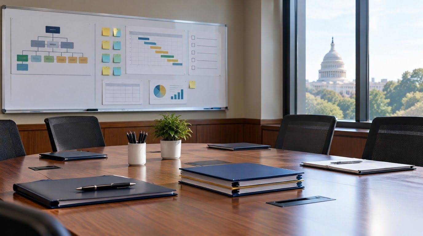 Empty conference room with wooden table, chairs, wall charts, and a Capitol building view through the window