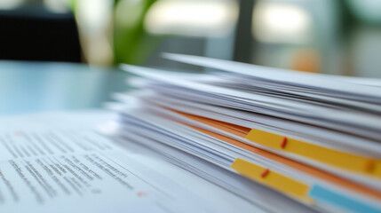Close-up of stacked papers with orange tabs on a desk, softly blurred background