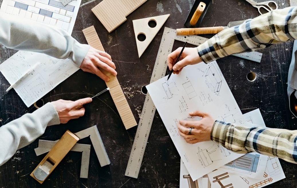 Hands collaborating over blueprints and measuring tools on a dark worktable