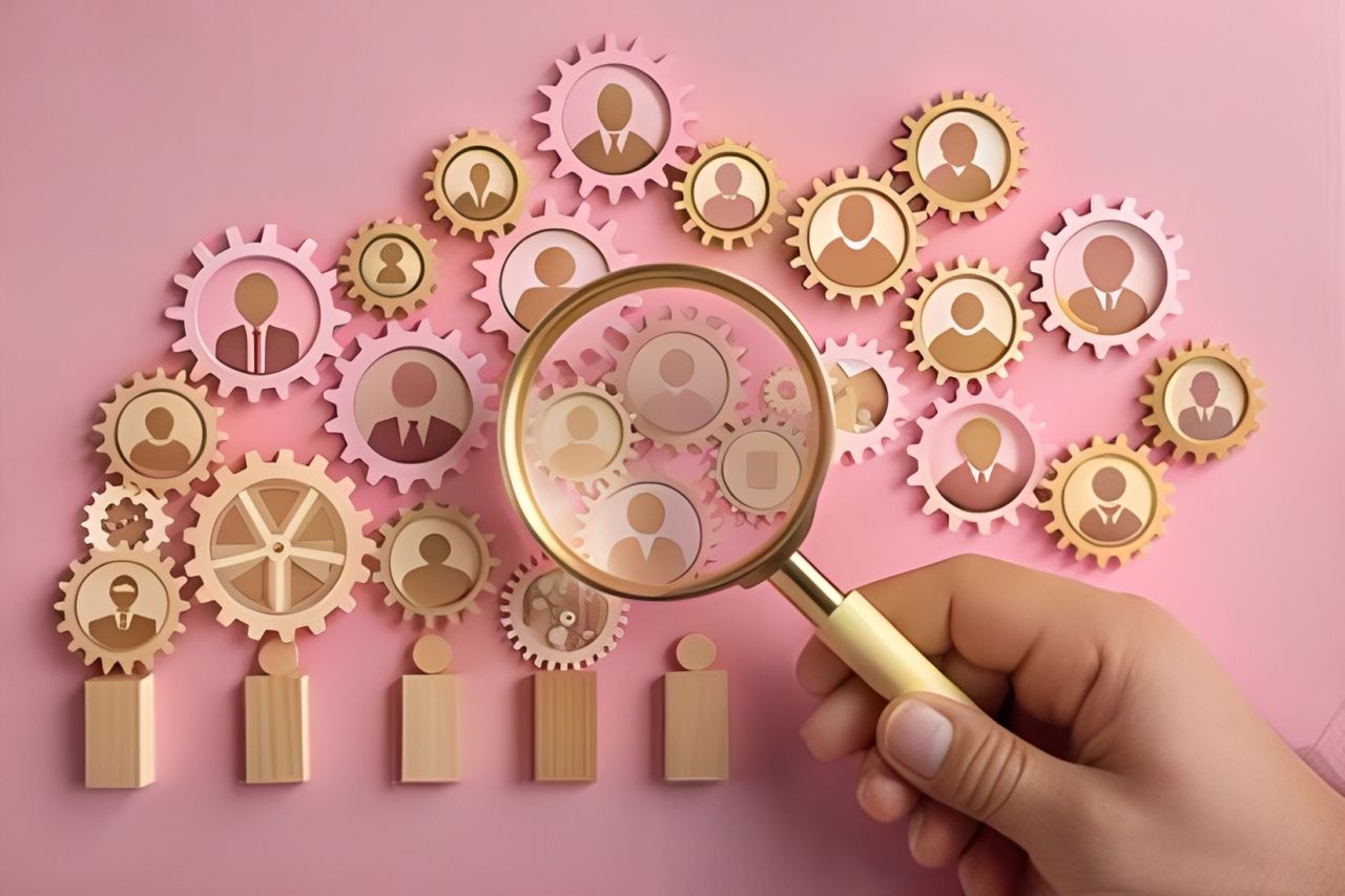 Magnifying glass over connected gear icons on a pink background, with a hand holding the lens