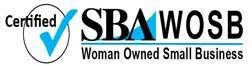 Certified SBA WOSB logo with blue checkmark and black text: Woman Owned Small Business