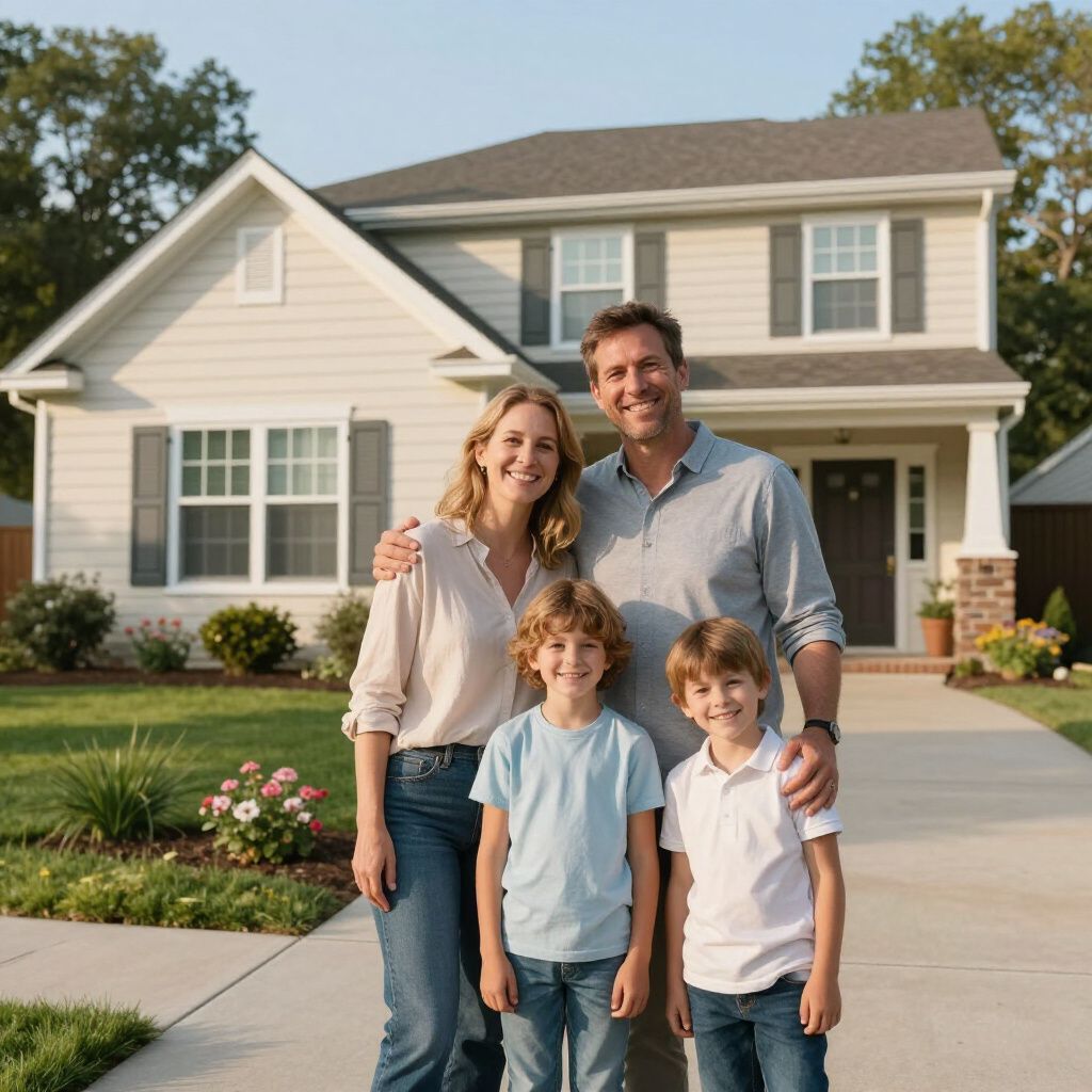 Family standing in front of a suburban house on a sunny day