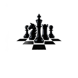 Black chess pieces on a checkered board, centered on a white background