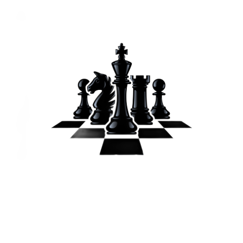Black chess pieces on a checkered board, centered on a white background