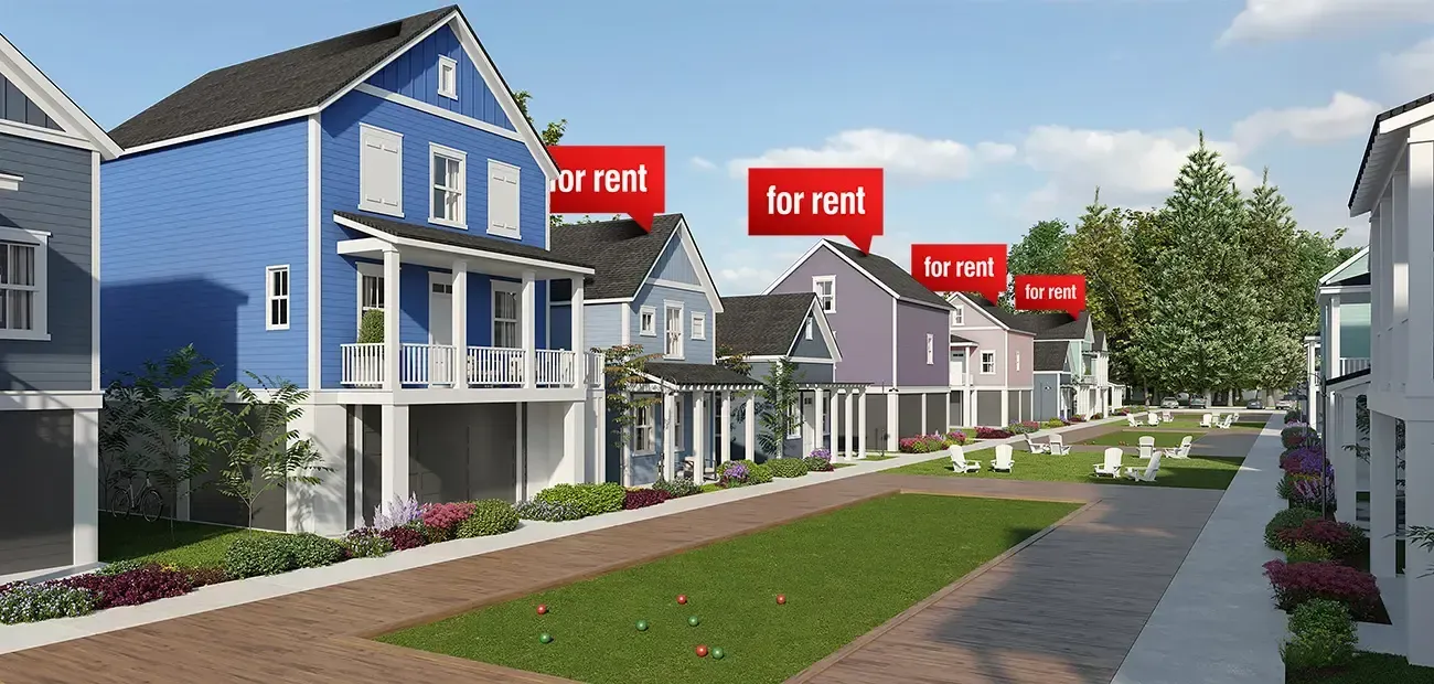 Row of modern townhouses with red for-sale signs along a landscaped sidewalk