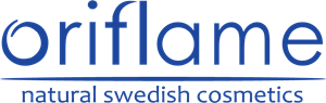 The oriflame logo is blue and white and says natural swedish cosmetics.