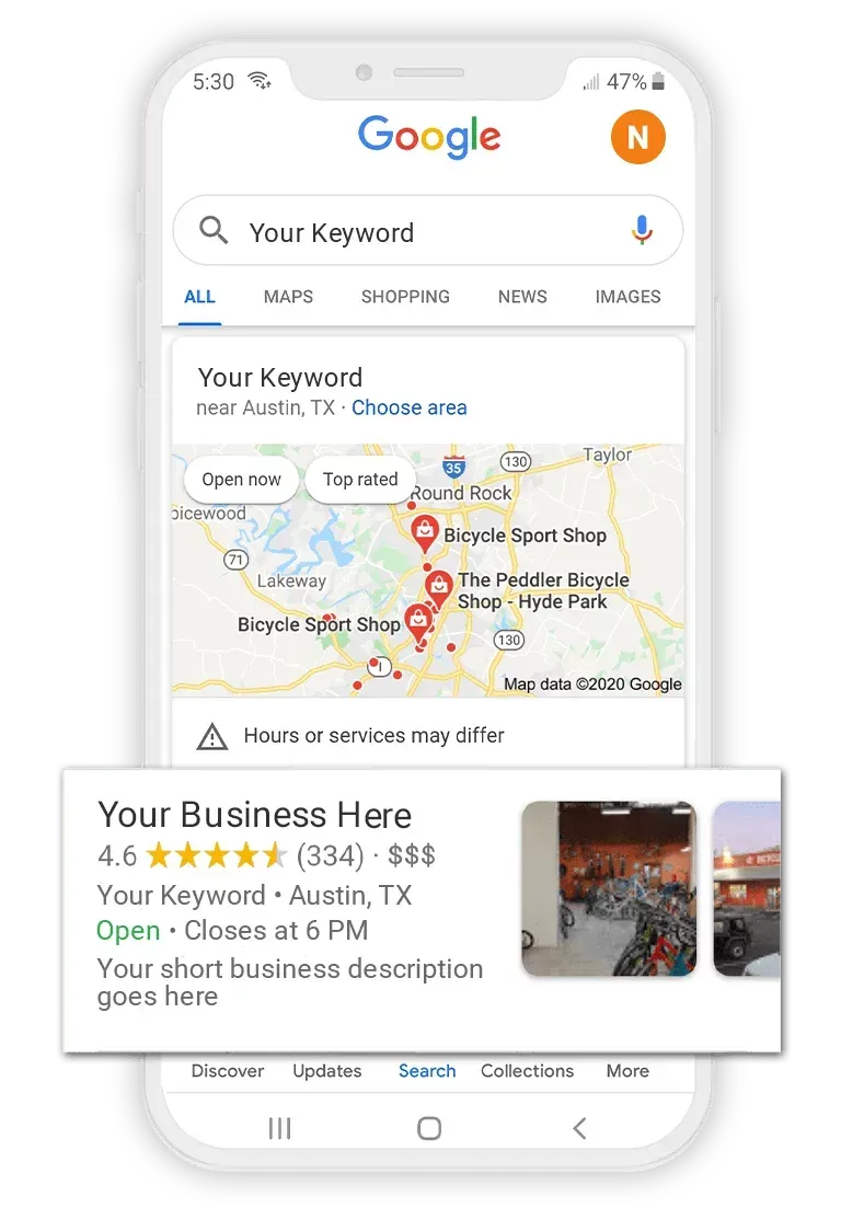 A cell phone is open to a google search page.
