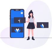 A woman is holding a box in front of a cell phone.