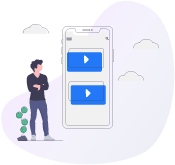 A man is standing next to a cell phone with two play buttons on it.